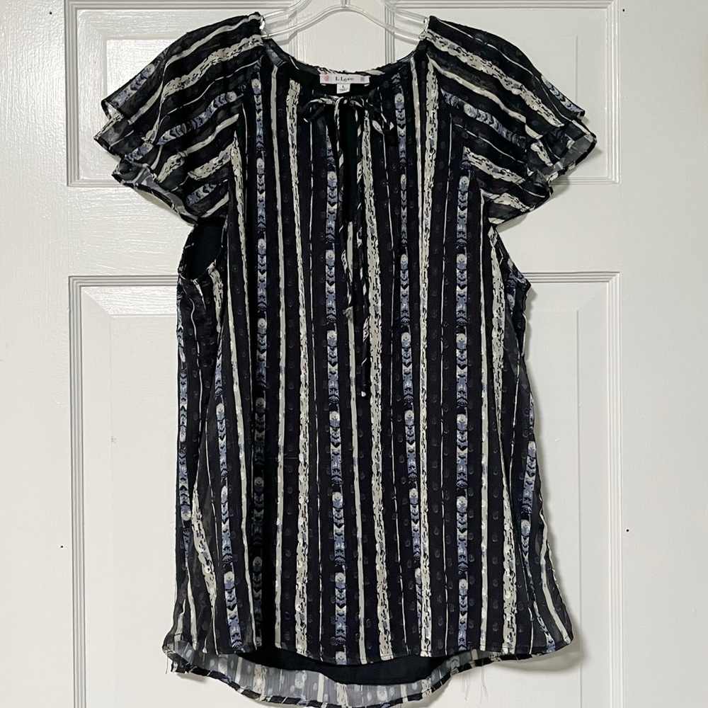 L Love Feminine short flutter sleeves striped lined tie-neck loose fit blouse